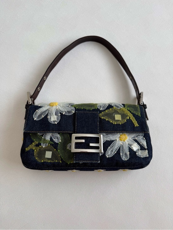 Fendi Handbags - Vintage Fendi Floral Embroidered Denim Baguette Shoulder Bag